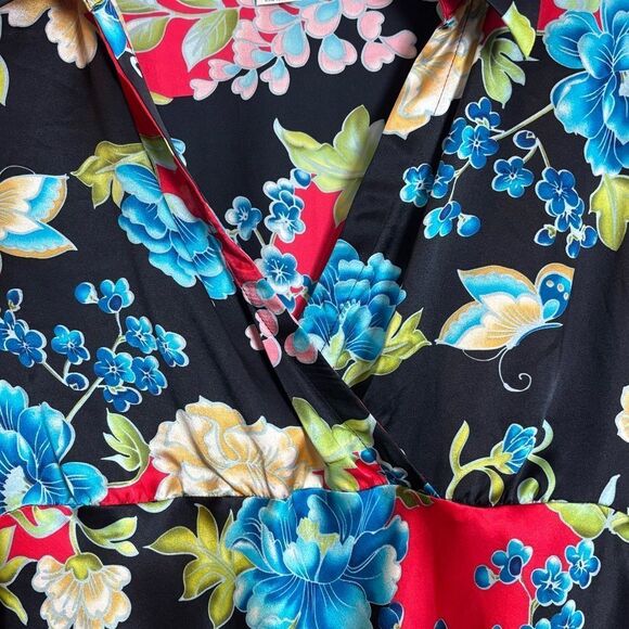 S. L. B. Colorful Vibrant Floral Long Sleeve 100% Silk V Neck Blouse Size XL - Picture 14 of 15
